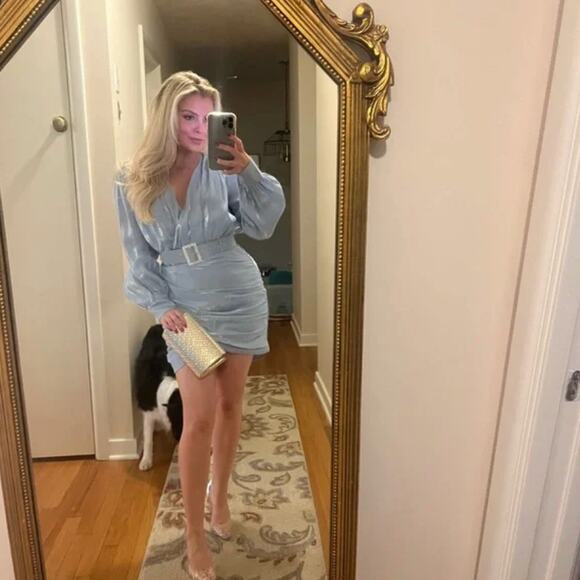 Song of Style REVOLVE Baby Light Blue Tucker Mini Dress sz XS Faux Wrap Belt - Picture 15 of 16